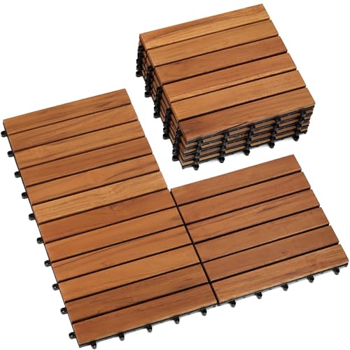 Teak Deck Tiles (Pack of 9) Hardwood Interlocking Patio Deck Tiles, Teak Wood Deck Tiles Interlocking Outdoor, Patio Tiles Outdoor Interlocking Waterproof All Weather
