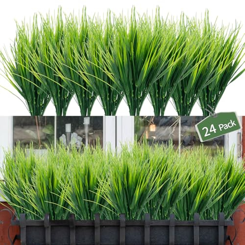 LUZOGA 24 Bundles Artificial Wheat Grass Fake Plants Outdoor Faux Greenery Stems Plastic Shrubs UV Resistant Faux Plastic Plants for Patio Garden Porch Window Box Spring Home Decor