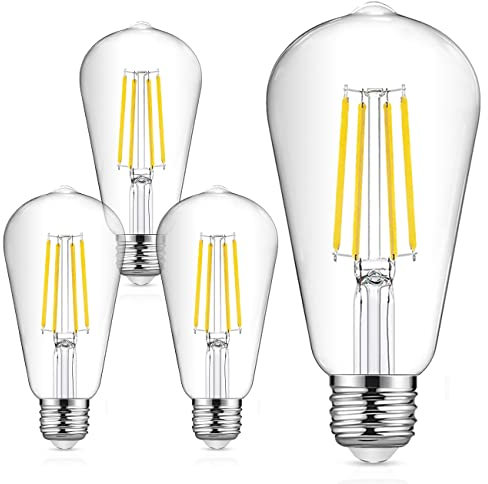 EXTRASTAR Bombillas LED ST64 de Filamento LED E27, Luz Fría 6500K, 10W, 1300Lm Bombilla Retro Vintage, No Regulable - Pack de 4 Unidades