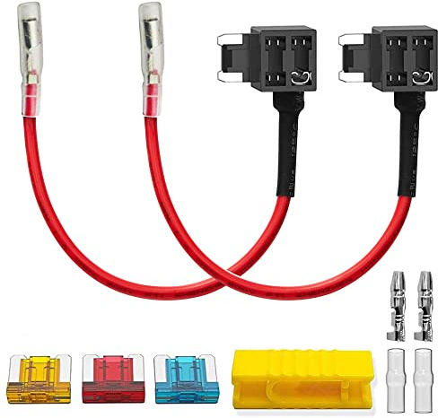 Guuzi 2pcs 12V-24V Adattatore Fusibile Basso Profilo Circuito Aggiuntivo con Cablaggio,Portafusibili Mini con Fusibili Sostitutivi 3pcs(5A/10A/15A)+Connettore Terminale