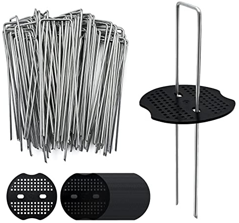 100 Pack 6 Inch Landscape Staples & 100pcs Fixing Gasket Sets, Garden Stakes Galvanized Steel Fabric Pins Heavy-Duty U Shape Sod Turf Pins for Ground Weed Fabric Barrier, Orchard, Yard, Tents