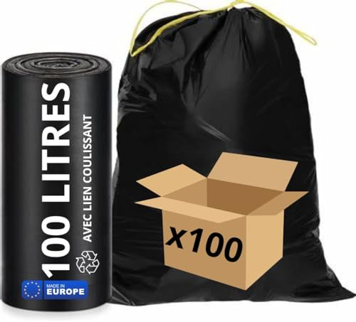 SANY Sacs poubelles 100l lien coulissant | Lot de 100 Sacs Noirs | 100% Recyclable | Très Haute Résistance | Recommandé Déchets Alimentaires, Noir
