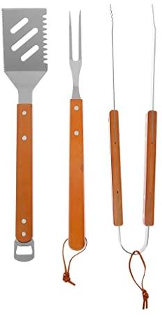 I LOVE BBQ - Set di utensili per barbecue - Set di 3 utensili in acciaio inox per griglia/piastra - Composizione: 1 frusta, 1 spatola, 1 pinza - Lunghezza: 40 cm - Maniche in legno di acacia