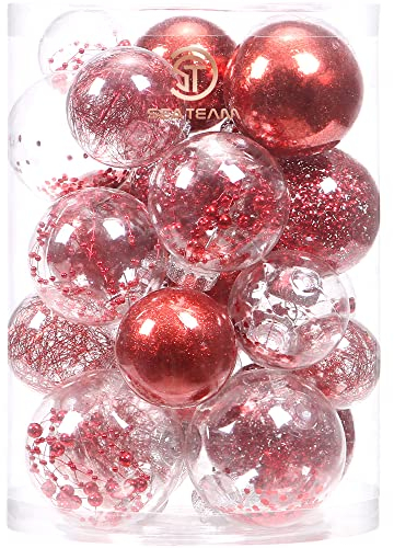 Sea Team Christbaumkugel-Set, transparent, bruchsicher, aus Kunststoff, Verschiedene Größen, mit dekorativen Weihnachtskugeln und gefüllten zarten Dekorationen, 25 Stück, Rot