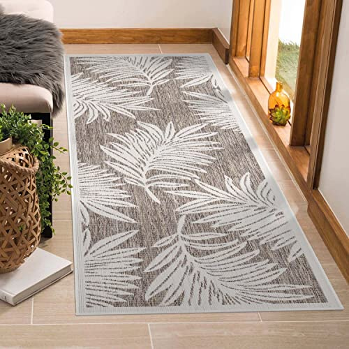 carpet city Outdoor-Teppich Wetterfest Balkon Terrassen - Beige in 80x250 cm Läufer - Deko Teppiche Außen Wasserfest - Balkondekoration Florale-Optik Wohnzimmerteppiche