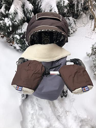 Handwärmer für Kinderwagen, warmer Handmuff mit Merinowolle Innenfutter, Universalgröße für Buggy, Jogger, Radanhänger (Braun Handschuhe)