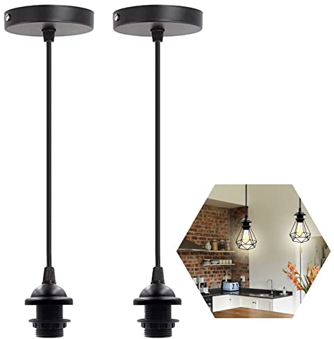 GOCBOBO 2 Pezzi Portalampada E27 in Metallo Lampade a Sospensione Accessori Con Anello Filettato Removibile E Cavo Regolabile Da 1M Adatto per Soggiorno, Corridoio, Sala Da Pranzo, Bar-Nero