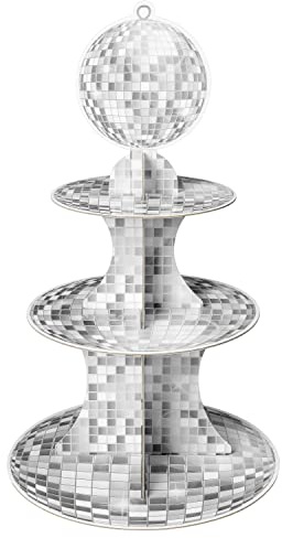Haooryx 3 Tier Cake Stand for Party Cupcake Tower Cardboard Cake Display Stand Dessert Holder Kids Birthday Christmas New Year Wedding Party Baby Shower Table Decoration Supplies (Disco) | Silver glitter disco ball cardboard cupcake dessert holder, Retro Bachelorette party decor for girl birthday Wedding New Year