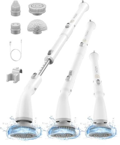 Hicozy Electric Spin Scrubber, Cordless Electric Cleaning Brush with Adjustable Extension Arm, Power Scrubber with 4 Replaceable Brush Heads for Bathroom, Shower, Tile, Floor, Car,White