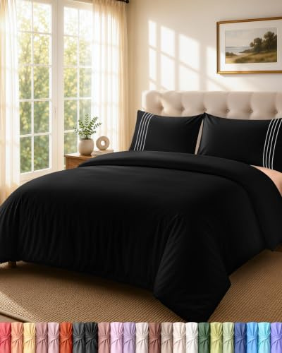 Utopia Bedding Housse de Couette 200x200 cm avec 2 Taies d'oreiller Brodée 50x75 cm (Noir) - Parure de Lit 200x200 cm - Ensembles de Housses de Couette en Microfibre brossée