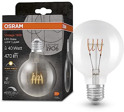 OSRAM Vintage 1906 Classic Globe95 FIL LED-Lampe, E27, klar, 4,8W, 470lm, 2700K, warmweißes Licht, dimmbar, neues, ultraschlankes Filament, sehr geringer Energieverbrauch, lange Lebensdauer