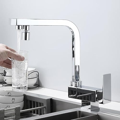 3 Wege Wasserhahn Küche Vorfenster Klappbarer 3 in 1 Mischbatterie Küche Messing Wasser Kalt und Heiß 360° Schwenkbar Küchenarmatur-Chrom