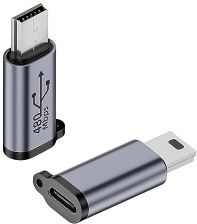QIANRENON 480 Mbps mini USB hane till USB C hona adapter 18 W mini USB-kontakt till USB C-uttag datakontakt, Al legering/hängande hål, för digitalkameror mobila hårddiskar MP3, 2 st