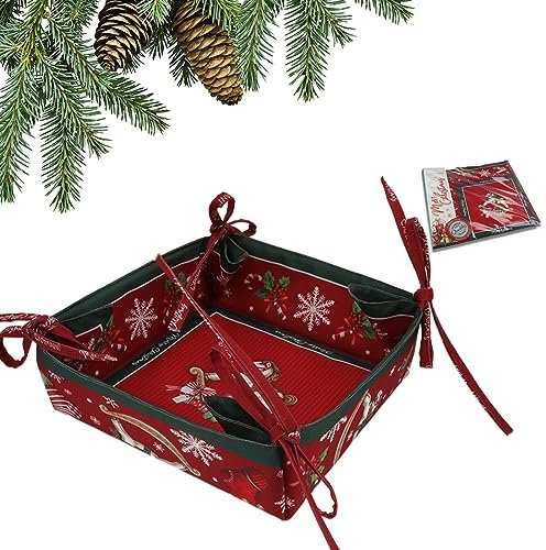 Carmani - Bolsa de almacenamiento plegable cuadrada reversible para pan, rollos, baguettes, bollos, huevos y pasteles con doble diseño y patrón de caballo balancín de Navidad