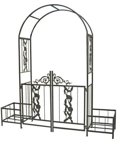 MELPHI Garden Arbor with Planter, Garden Arch with Gate, Metal Garden Arch for Climbing Plants, Roses, Vines, Outdoor Garden Archway for Wedding Bridal Party Decoration Ceremony