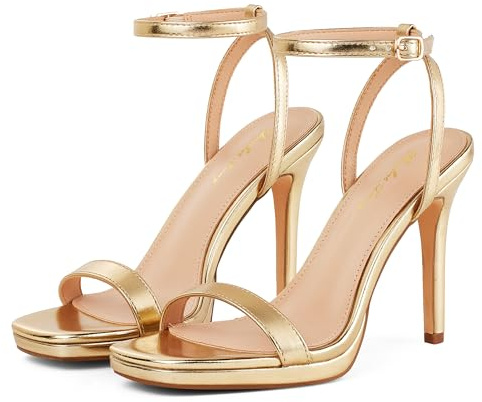 Elisabet Tang Women’s Stilettos Heeled Sandals Open Square Toe Heels,4.3 Inch Open Toe Strappy Sexy High Heels Ankle Strap Buckle Heels for Party Wedding Dress Daily Wear Shoes Gold Size 7