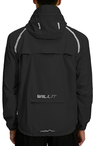 WILLIT Fahrradjacke Herren Regenjacke Wasserdicht mit Kapuze Leichte Radfahren Gear Windbreaker Atmungsaktiv Windjacke Verpackbar für Golf Radfahren Wandern Laufen Outdoor Schwarz L