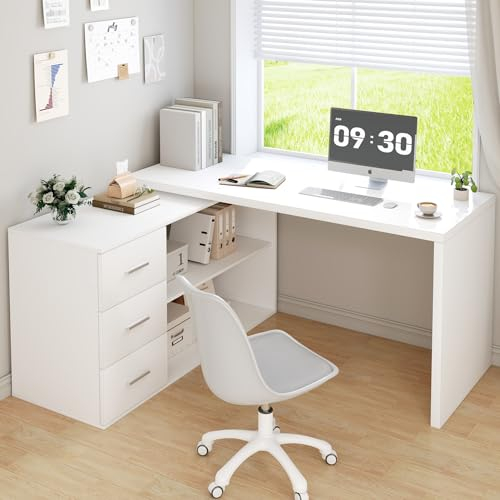 Mudmasa Schreibtisch Weiß Umkehrbarer Eckschreibtisch Computertisch Schreibtisch L Form mit Stauraum Bürotisch Eckschreibtisch mit 3 Schubladen und 2 Regalen für Büro Homeoffice 140x50x76 cm