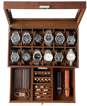 KILHS Uhrenbox für 12 Uhren,2-stöckige Watch Box mit Glasdeckel & Schublade,Uhrenbox Herren mit Schlüsselschloss – Perfektes Männergeschenk für Ringe,Manschettenknöpfe & Uhren,Braun