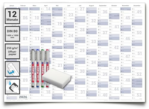 Abwischbarer XXL Jahresplaner Wandkalender 2026. Wandplaner gerollt 140x100cm gross DIN B0 inklusive 4er Stifte-Set, Schwamm. Jahreskalender 2026, Kalender - deutsche Sprache - von Gigatime
