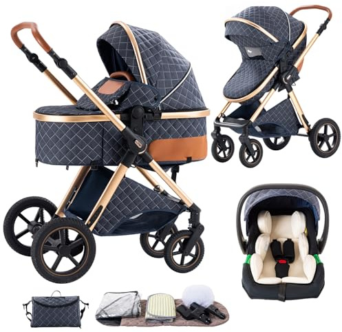 Shineey Kinderwagen 3 in 1,Puppenwagen Buggy Faltbarer Kinderwagen Set, Kombikinderwagen 3 in 1 mit Großer Bequemer Babywanne, Laufwagen Rahmen Aluminiumlegierun (H2 BLUE, H2)