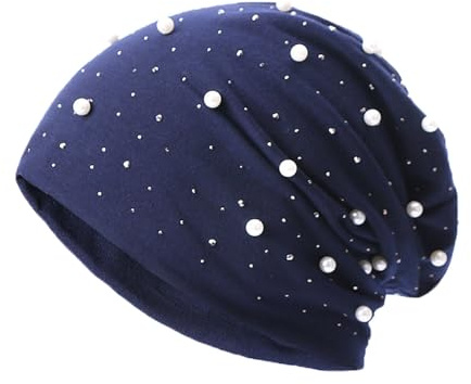 Beanie Damen Mütze mit Perlen und Strass Nieten Glitzer Wintermütze Baumwolle Kappen Perle Chemo Hut Dehnbar Slouch Longbeanie Herbstrhut Warme Head Wrap Stoffmütze für Frauen Mädchen Outdoor