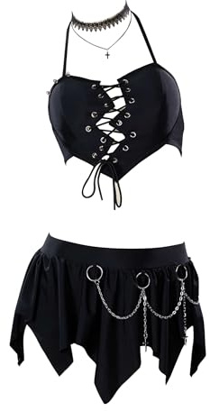 Meowcos Gothic-Bikini, Neckholder-Badeanzug, gebrochenes Herz, Gothic-Badeanzug, Schwarz, XL