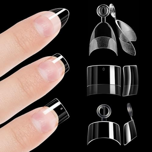 BQMEZRNUS 360Pcs Short Almond Nail Tips, 12 Sizes | Half cover clear gel nail tips for French manicure, coffin nail extensions with storage box, professional acrylic nails