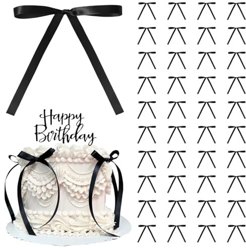 LUFFLOK 40 Pcs Black Cake Decorations, Bow tie Cake Topper Decorations, Baby Shower Cake Decorations for Kids Girls Women Birthday Wedding Party Cake Decoration Supplies (Black)