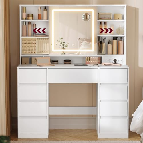 VASAGLE Kailyn Collection - Sminkbord med LED-spegel, grenuttag, 9 lådor, 10x förstoringsglas, smyckesförvaring, 3-färgad belysning, verktygsfri skenainstallation, Cloud White RDT137W01
