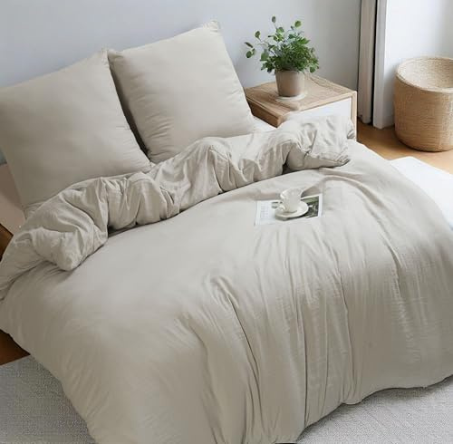 HIG Parure de Lit 4 Pièces 155x220 cm - Housse de Couette, Drap Housse 120x200, 2 Taies d'oreiller 80x80 - Microfibre Pré-Lavée Ultra-Douce - Certifié Oeko-TEX - Béige Foncé