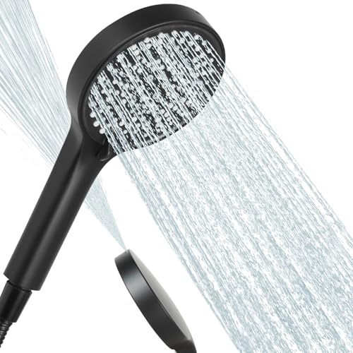 Duschkopf Wassersparend, 125mm Duschkopf Groß mit 6 Strahlarten, Turbogeladenes Design Hochdruck, Handbrause Duschbrause für Baden, Sparduschkopf, Regendusche Duschkopf Druckerhöhend (Schwarz)