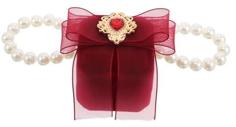 Toyvian Fake Pearl Dog Wedding Collar with Ring Holder Pendant Elastic Pet Necklace for Proposal Special Occasions Durable Burgundy Bow S Neck Accessory for Photography and Engagement