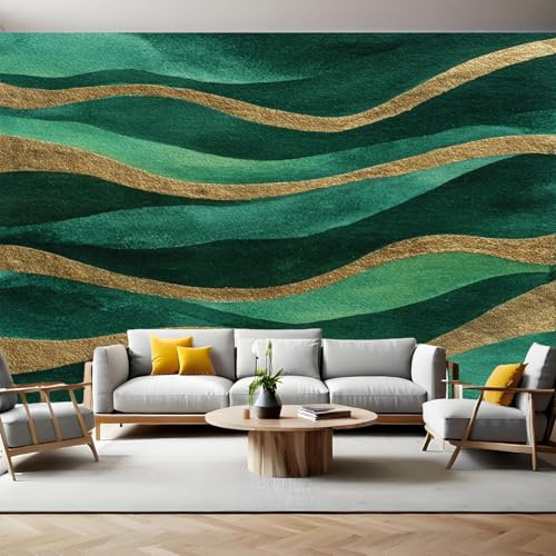 Verde Esmeralda Profundo Fotomurales Tejido no Tejido Líneas doradas de mármol Papel Pintado Decor de Pared Murales Póster Efecto 3D Papel Tapiz Moderno para Dormitorio Salón TV Pared 300 x 210 cm