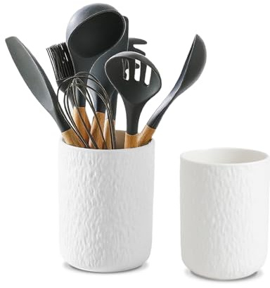 Winlauyet 2 in 1 Rock Texture Ceramic Utensil Holder, Kitchen Countertop Organiser for Cutlery, Cooking Spoons - White Farmhouse Decor Storage Jar