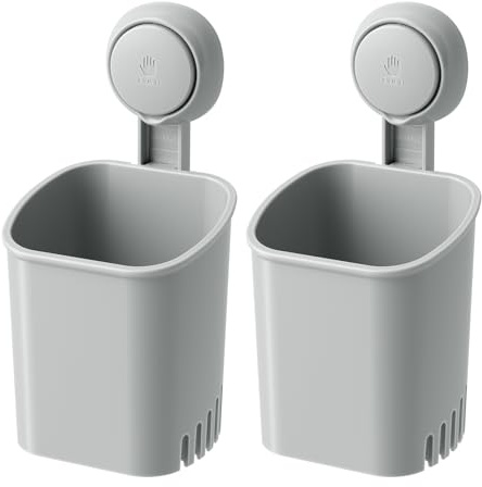 LEVERLOC Saugnapf Zahnbürstenhalter Wand, ohne Bohren, Grau Plastik 2er Set | 1s montiert, werkzeuglos, hält 3 kg, hohle Abläufe zum Trocknen, abnehmbar, wiederverwendbar für Mieter, Fliesen/Glas/Spiegel