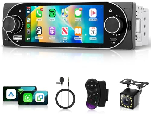 Hodozzy 1 DIN Radio Coche con CarPlay Android Auto Inalámbrico, Radio Bluetooth Manos Libres para Coche Pantalla Táctil IPS 5,1 Pulgadas 1 DIN FM EQ, Reproductor Multimedia Tipo-C/AUX/USB/SWC Cámara