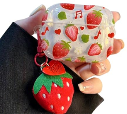 PIQIUZC Custodia carina per AirPods Pro 3 (2025), divertente e creativa con motivo fragola e mela, per Air pod Pro di terza generazione, con braccialetto, per ragazze e ragazzi (fragola)
