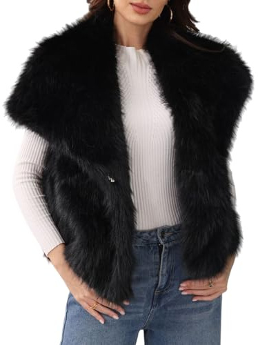 ALSOGO Women’s Furry Faux Fur Vest Lapel Collar Sleeveless Fuzzy Jacket Shaggy Coats Winter Fluffy Outerwear with Pockets Black S