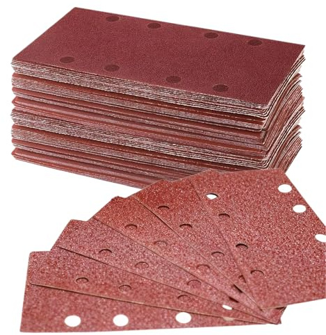 Vexnaro 100 Pièces Feuilles Abrasives 93 x 185 mm avec 8 Trous, Papier Abrasif Rectangulaire pour Ponceuse Vibrante, Bois, Métal et Peinture, Feuilles Abrasives Grains 40/60/80/120/180/240/320/400