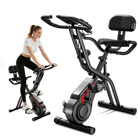 SUIUOI Bici Statica Pieghevole per Casa – Cyclette Fitness 5 in 1 con Resistenza Magnetica, Display LCD, Bande Elastiche, Allenamento Cardio & Dimagrimento