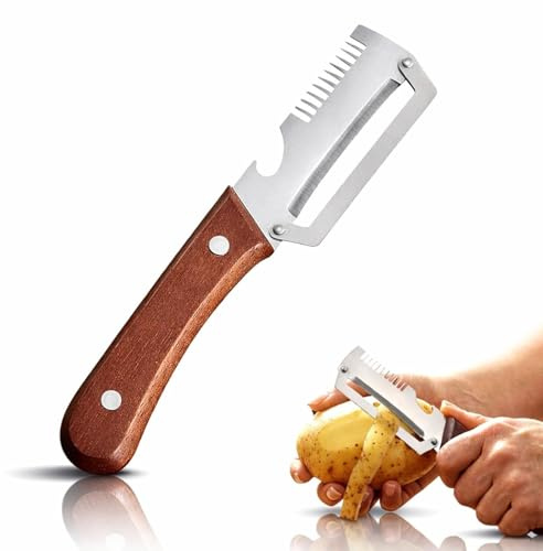 Multi-Functional Vegetable Peeler for Kitchen, Stainless Steel Multifunctional Easy Peelers, Fruit Peeler with Wooden Handle and Bottle Opener, for Easy Potato, Fruit & Veggie Peeling (1, Brown)