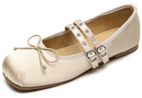 Mary Jane Franska ballerinor, satin, fyrkantig dubbel spets, Champagne, 40 EU