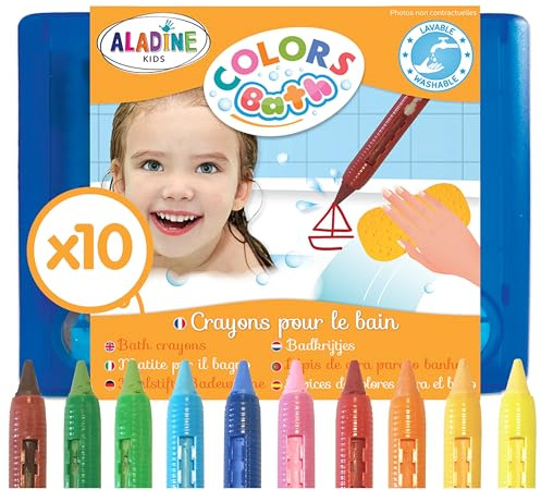Aladine - 10 Crayons de Bain - Colors Bath - Feutres de Bain Effaçables - Pour Dessiner & Écrire - Avec Mallette de Rangement - Faciles à Nettoyer - Jeu de Bain Enfant 3 ans - 42032