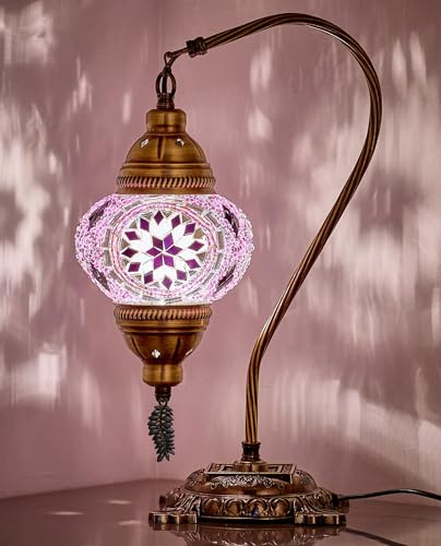 DEMMEX Turkish Moroccan Mosaic Table Lamp – Handcrafted Tiffany-Style Colorful Glass Swan Neck Bedside, Desk, Table Light, Boho Artisan Accent Lighting for Bedroom or Living Room – 15 H, Lilac