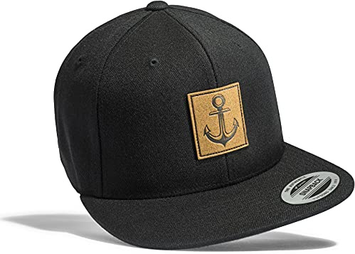 Baddery Outdoor Flexfit Snapback Cap - „Anker mit Leder-Patch“ - Maritime Kappe für Herren & Damen - Geschenk für Segler (Schwarz)