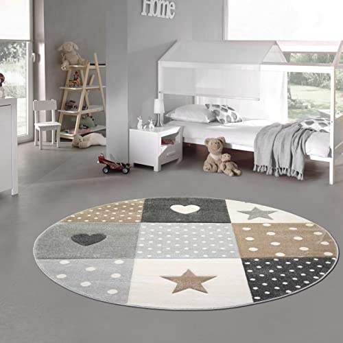 Teppich-Traum Kinderzimmer Teppich Spiel & Baby Teppich Herz Stern Punkte Design in Braun Beige Grau Größe 160 cm rund