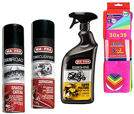Set MAFRA chainroad grasso catena, teknocleaner sgrassante multiuso, cleanshine super pulitore per moto più confezione di 7 panni in microfibra 30x35 cm