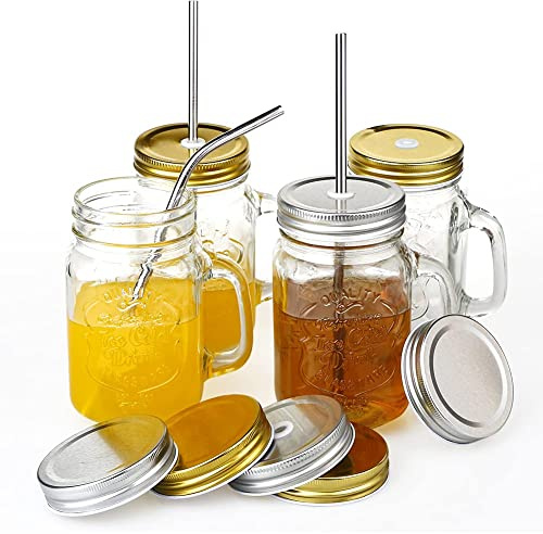 YHANEC Trinkgläser mit Deckel und Strohhalm, 4er Set Mason Jar Trinkglas, Trinkglas mit Deckel, Einmachgläser mit Henkel Wiederverwendbar, Glas, in Küchen, Partys, 450ml