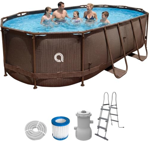 Avenli Frame Oval Pool Set 427x275x100 cm mit Filterpumpe und Leiter, braune Rattanoptik, Stahlrahmenpool oval, 8.073 L, Aufstellpool Framepool Gartenpool Schwimmbecken Komplettset